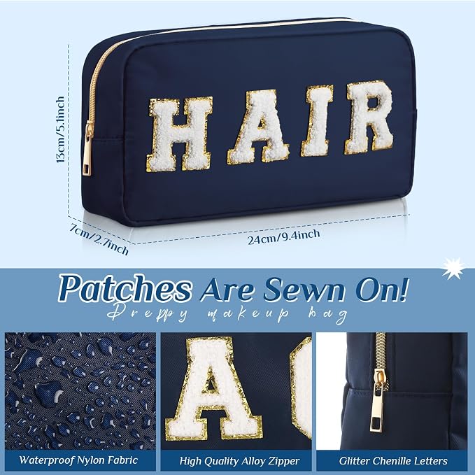 Preppy Makeup Bags Chenille Letter Stuff Bag Nylon Cosmetic Pouch Cases with Zipper for Women Travel Toiletry(Dark Blue,Classic,4 Pcs)
