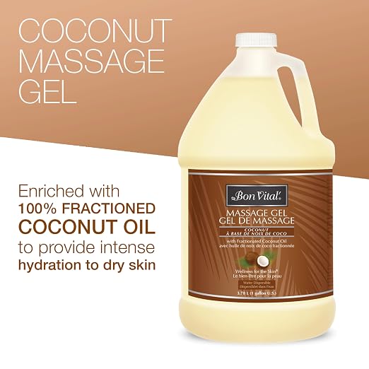 Bon Vital' Coconut Massage Gel, 1 Gallon, Lightweight Formula with Pure Fractionated Coconut Oil, Professional Therapy Lotion, Hydrating and Unscented