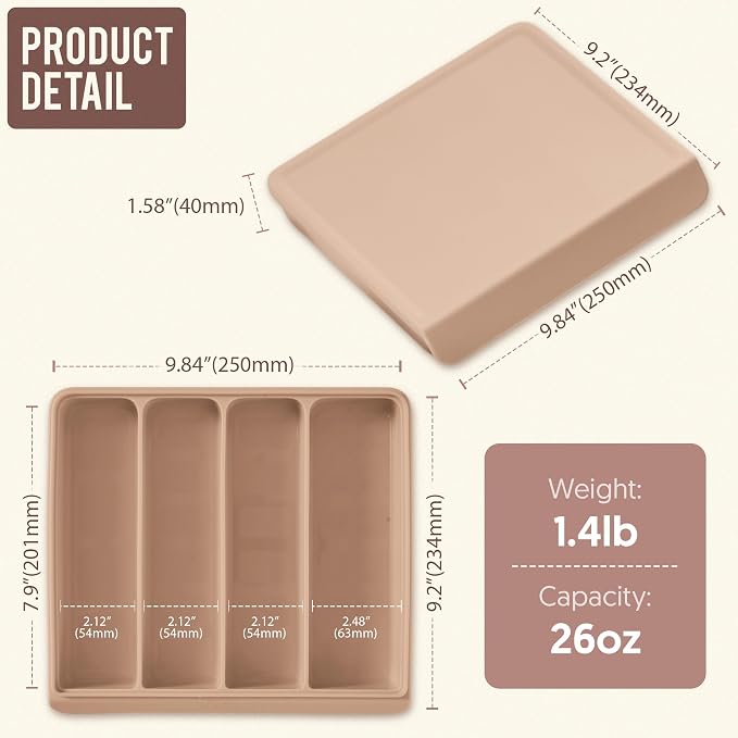 Silicone Baby Food Storage Container with Lid - 26oz 4 Compartment Stackable Meal Prep for Baby Food, Puree, Snacks, Kimbap & Sushi - Airtight, Microwave & Dishwasher Safe, Made in Korea, Brown