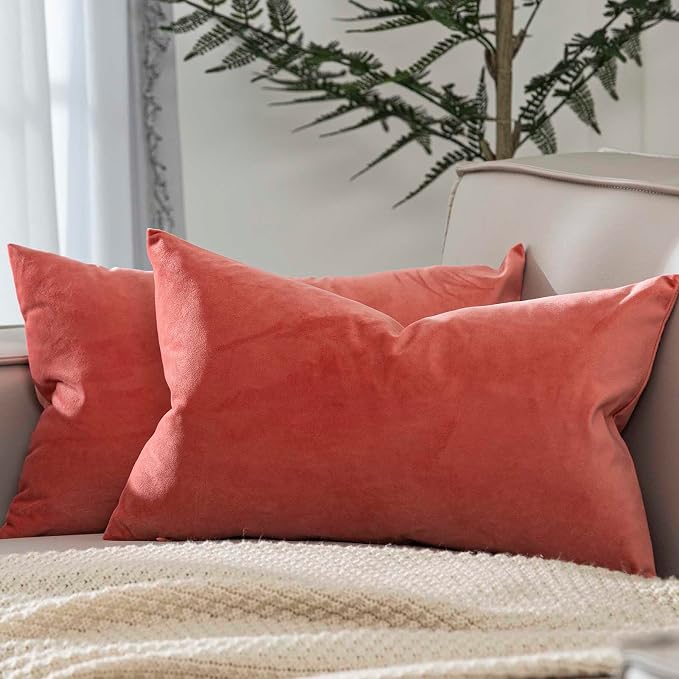 14x24 Pillow Covers Set of 2 Decorative Velvet Throw Pillow Covers,Coral | Luxury Soft Cushion Covers with Invisible Zipper for Couch Sofa Bed Living Room Bedroom Home Decor