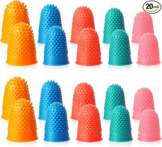 SATINIOR 20 Pcs Rubber Fingers Tip Finger Protectors Covers for Hand Sewing Reusable Grips Rubber Thimbles for Money Counting Collating Knitting Paperwork Hot Glue Sorting(Xs S M L XL,5 Colors)