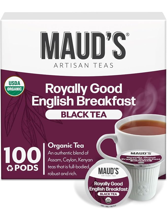 Maud's Organic English Breakfast Black Tea Pods, 100 ct, Recyclable Single Serve Pods – 100% Gourmet Blended Tea Leaves, Compatible with Keurig K Cups Maker