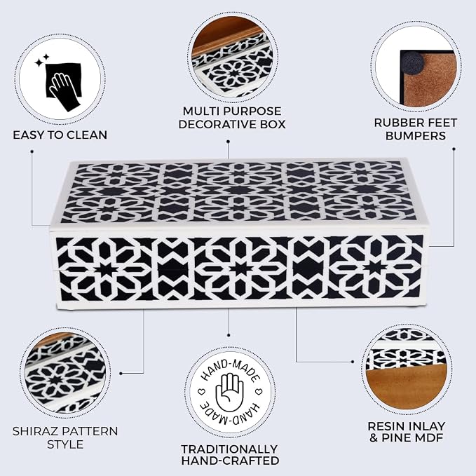 Handicrafts Home Decorative Storage Box with Lid, Black White Persian Mosaic Box, Islamic Rosette Pattern Coffee Table Organizer, Keepsake Box for Living Room & Console Decor, Shiraz 10 x 4.5 x 2.5