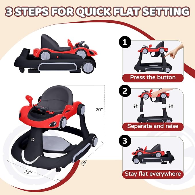 Baby Walker, 4-in-1 Baby Walker with Wheels Portable, Foldable Infant Toddler Walker for Boys Girls 6-18 Month (Red)