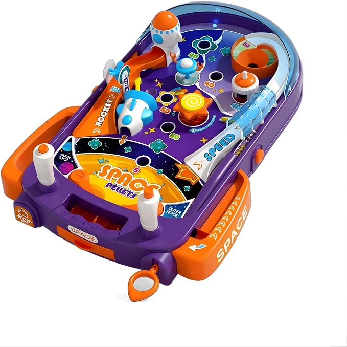 Tabletop Pinball Machine - Space Mini Arcade Game with Sound & Light, Pull-Back Launcher, Flippers, Carry Handle, Suction Cup Feet, Games for Kids Ages 3+