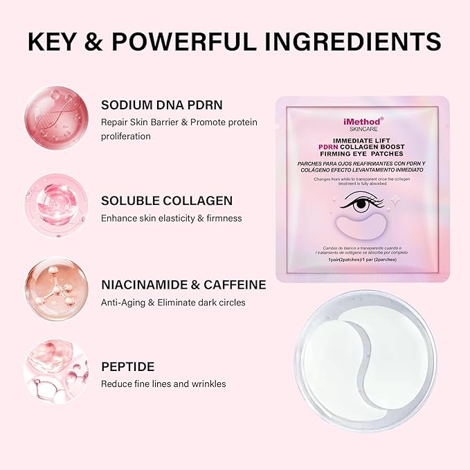 iMethod PDRN Collagen Boost Eye Patches - Under Eye Mask, Instant Lift Eye Mask for Reduce Fine Lines & Wrinkles, Firming Under Eye Patches for Dark Circles, Puffy Eyes, Eye Bags, 2 Pack, 16 Pairs