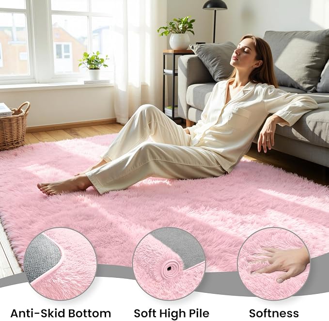 6x9 Area Rug for Living Room, Ultra Soft Fluffy Pink Rugs for Bedroom, Non Slip Large Shag Carpet, Fuzzy Plush Nursery Rug, Thick Washable Indoor Floor Carpets for Kids Office Dorm Home Decor