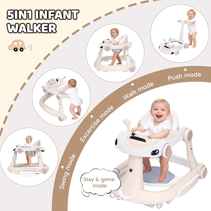 Baby Walker, 4-in-1 Baby Walker with Wheels Portable, Foldable Infant Toddler Walker for Boys Girls 6-18 Month (Beige)