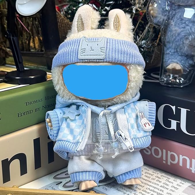 17cm Plush Doll Clothes Wardrobe Set - Clothes for Dolls Faux Fur Outfit Bundle (Hat+Top+Pants+Accessories) for Cute Collectible Figure Display (NO Doll) Included (Style-D, 17cm/7inch)