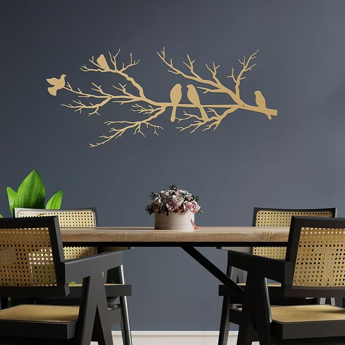 ESTART Metal Birds Wall Art, Metal Vivid Birds on Branch Silhouette Wall Decor Gold Leaves with Bird Outdoor Hanging Wall Sculpture for Home Living room Bedroom Balcony Garden (Gold, Small)