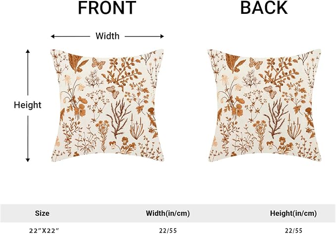 AEIOAE Fall Pillow Covers 22x22 Inch Set of 2,Burnt Orange Wild Flower Plant Throw Pillows Case,Seasonal Floral Outdoor Decorative Square Linen Farmhouse Decor Cushion Covers for Home Sofa Bed Couch