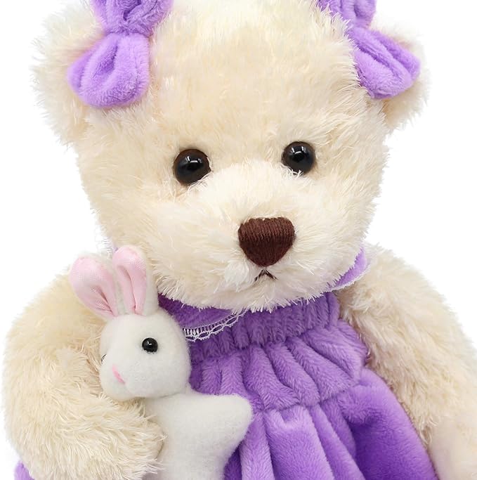 Oitscute Small Baby Teddy Bear with Cloth Cute Stuffed Animal Soft Plush Toy 10" (Purple Dress with Rabbit)