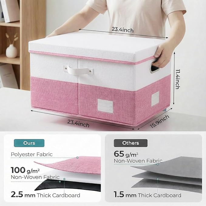 Storage Bins with Lids [3-Pack] Linen Fabric Foldable Storage Boxes Organizer Containers Baskets Cube with Cover for Bedroom Closet Office White&Pink (23.4X15.9X11.4)
