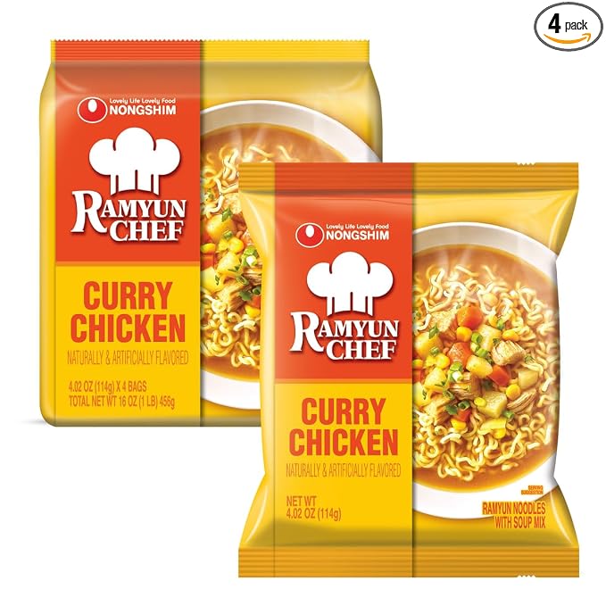 Nongshim Ramyun Chef, Instant Ramyun Noodles with Soup Mix, Curry Chicken, 4.02 Oz (Pack of 4)