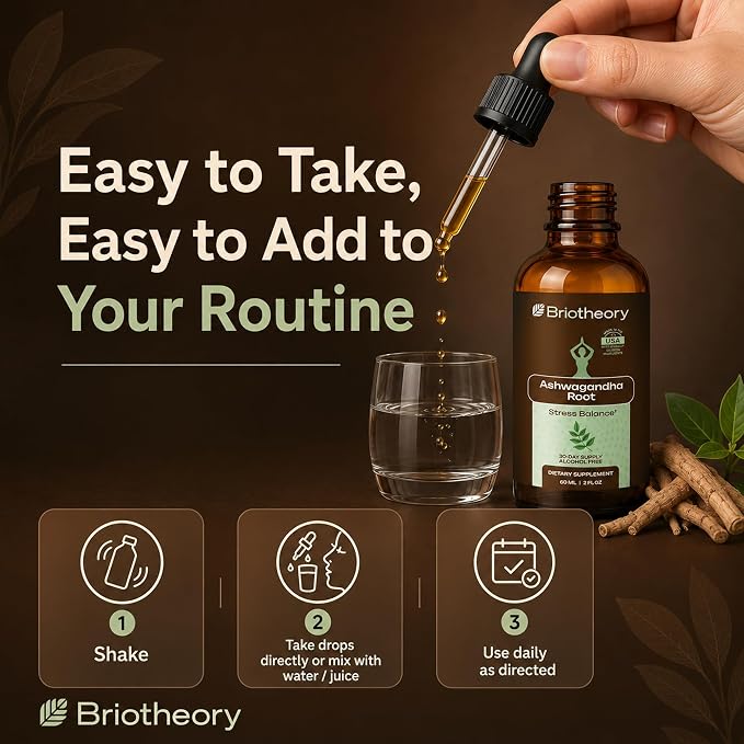Liquid Ashwagandha Drops | Ashwagandha Tincture Herbal Supplement for Stress Relief, Sleep Support & Energy | Alcohol-Free, Vegan, Non-GMO – 60ml (30 Days Supply)