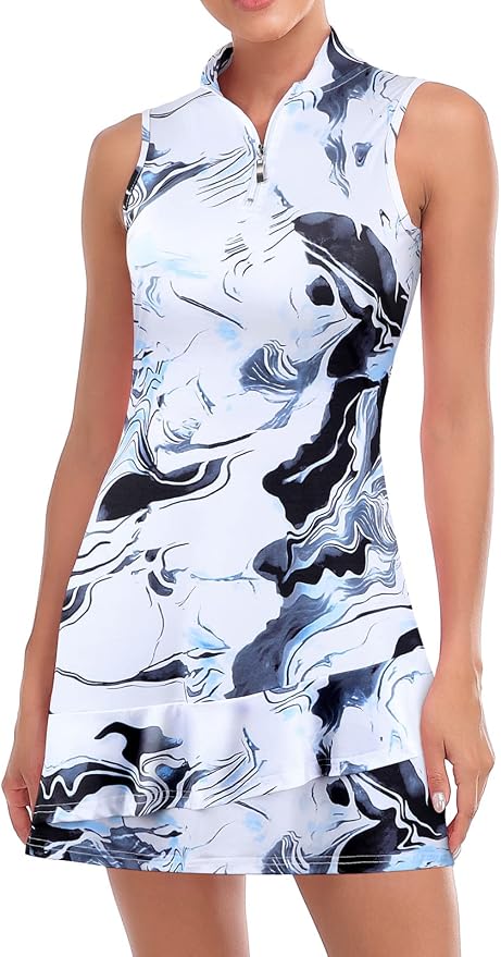 Viracy Tennis Dress for Women Sleeveless Golf Dresses with Shorts and Pockets Ruffle Zip Up Stand Collar Golf Outfits