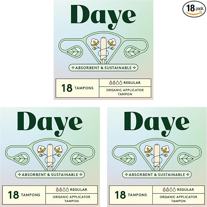 Daye Organic Tampons Regular | 54ct | Pesticide & Metal Tested, 100% Organic Cotton, Best Absorbency | No-Shed Sleeve, Sugarcane Applicator