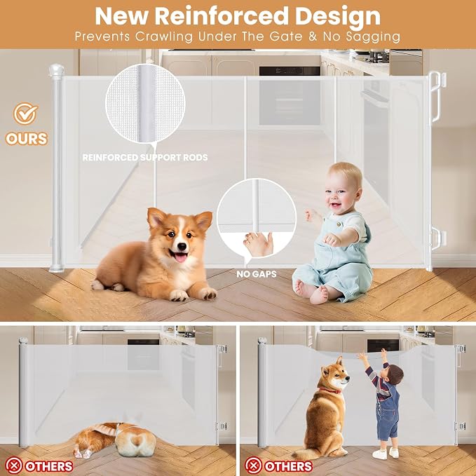 SPACEANY Reinforced Retractable Baby Gate or Mesh Dog Gate,Easy to Use for Stairs, Doorways, Hallways, Indoor, Outdoor, Wide Pet Gate 33.5" Tall, Extends to 55" Wide, White
