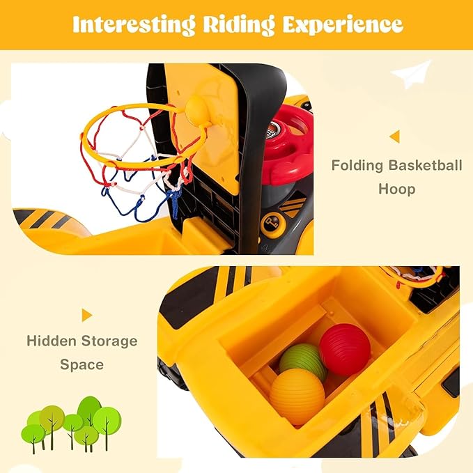 Costzon 2-in-1 Ride on Excavator Bulldozer, 6V Electric Excavator Ride on Toy with 3 Balls & Basketball Hoop, Adjustable Bucket, Ride on Construction Vehicles for Kids, Push Car Gift for Boys Girls