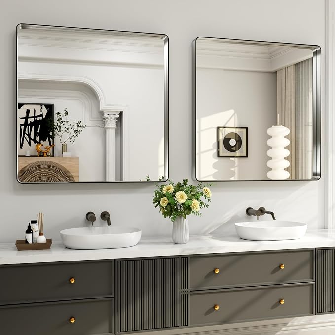 LOAAO 30X30 Inch Brushed Nickel Bathroom Mirror | Rounded Rectangle, Silver Metal Frame, Anti-Rust, Shatter Proof, Hangs Horizontally or Vertically