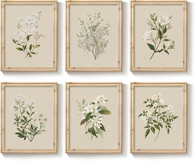 Framed Vintage Botanical Floral Wall Art for Living Room, 6 Piece 11x14 In | Neutral flower pictures, Retro wood frame, Canvas prints, Wall decor for living room bedroom hallway, Gallery wall art sets
