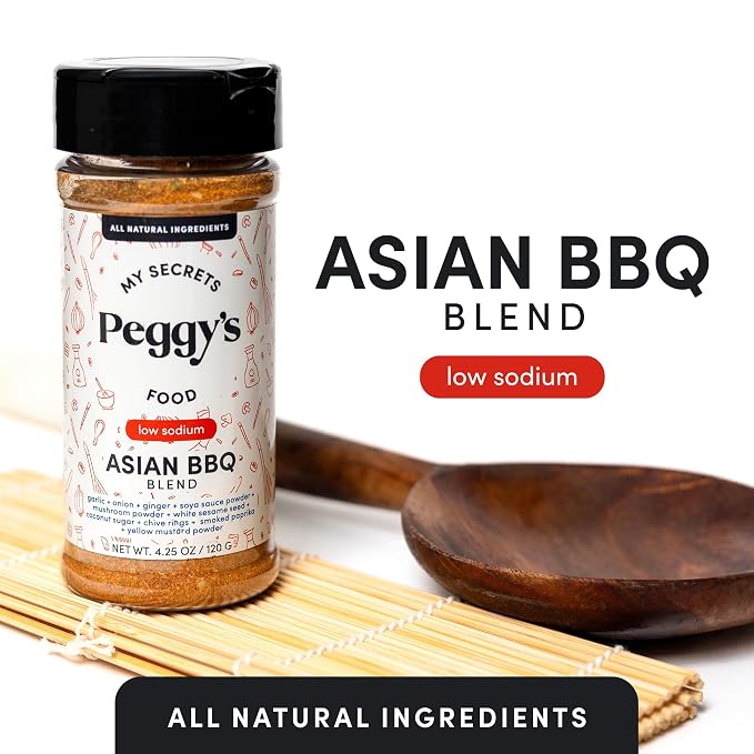 My Secrets Peggy’s Food Asian BBQ Seasoning Blend - Low Sodium Umami Spice Rub for Grilling, Roasting & Stir Fry, All Purpose Meat & Vegetable Seasoning, 4.25 Oz