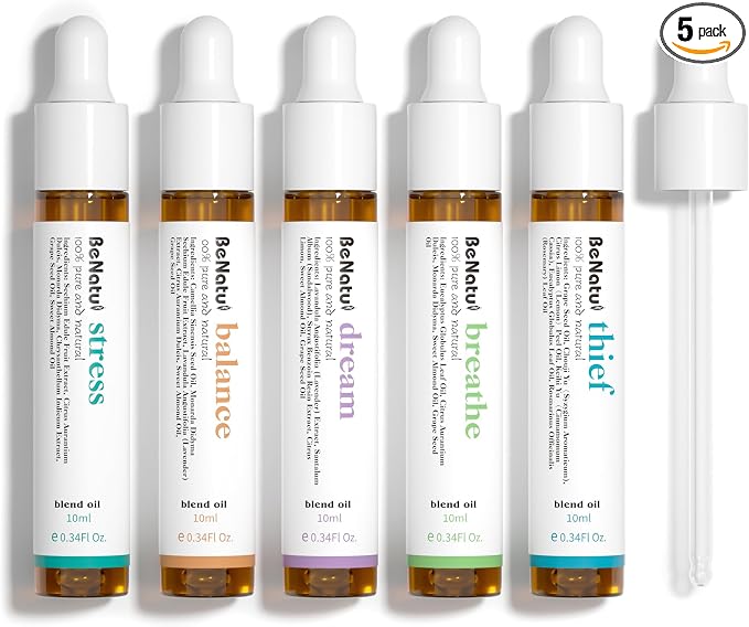 Essential Oils Blend Set, Relaxation Fragrance Gift for Women and Men, Natural Aromatherapy Kit for Diffuser, Home, Body Topical Massage (Dream, Breathe, Balance, Stress, Thief)