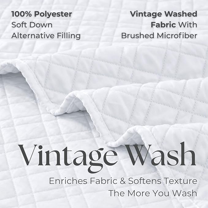 DOWN HOME Twin Quilt Set with Sham Lightweight Quilted Bedspread Coverlet Thin Comforter Bed Cover Vintage Washed Quilted Blanket for All Season, Brushed Microfiber Diamond Stitching, White, 66"x92"