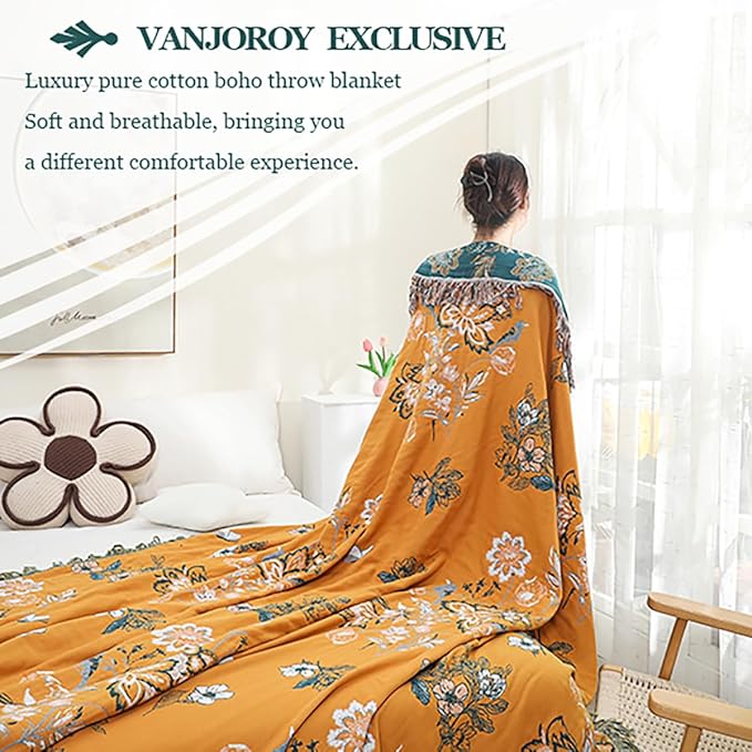 VANJOROY Boho Large Throw Blanket, 100% Organic Cotton Breathable Soft Bed Throw - Floral Bird Farmhouse Decor Blanket for Sofa Couch Chair Quilt and Gift. (Flower-Art, 60" x 80")