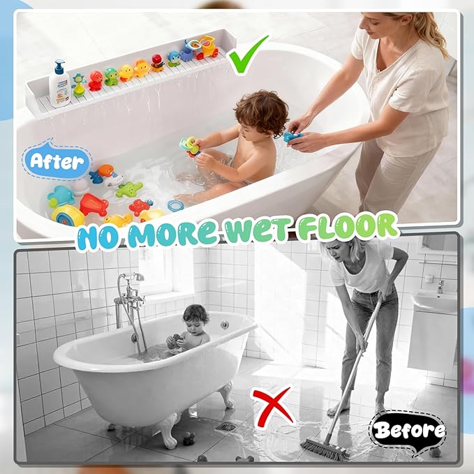 Dreamtop Bathtub Splash Guard for Tub Kids, 2.6FT Play Shelf for Bathing, Toy Tray Caddy Holder for Tub, Grey Silicone Tub Splash Guard Prevent Water Spills in Bathroom