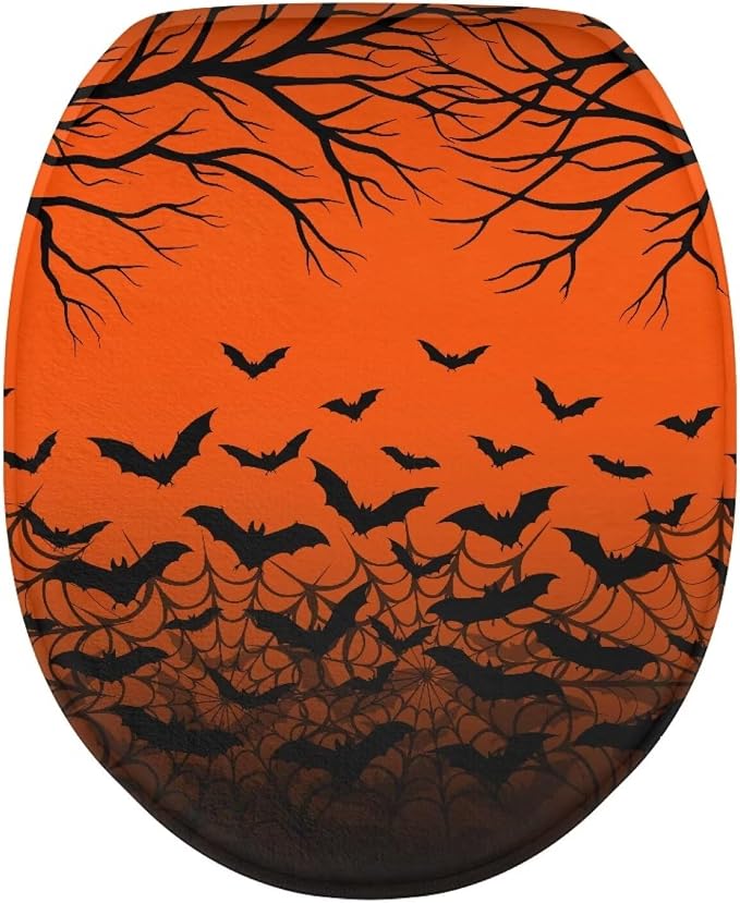 Halloween Bats Toilet Lid Cover, Flannel Soft Dustproof Toilet Seat Cover, Machine Washable Reusable Toilet Lid Cover