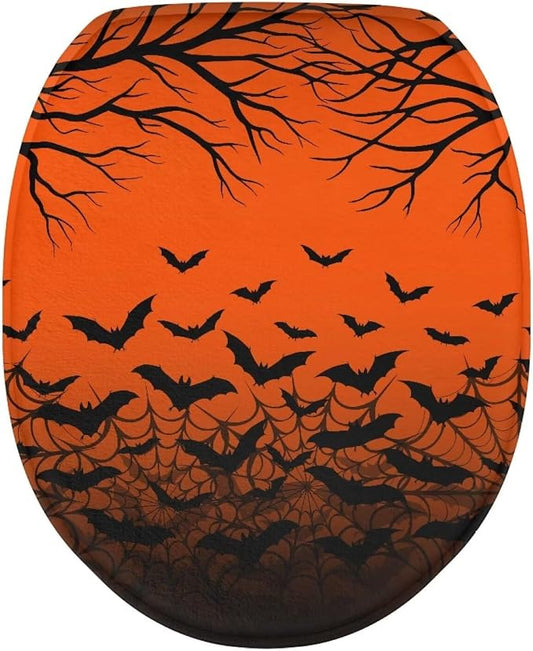 Halloween Bats Toilet Lid Cover, Flannel Soft Dustproof Toilet Seat Cover, Machine Washable Reusable Toilet Lid Cover
