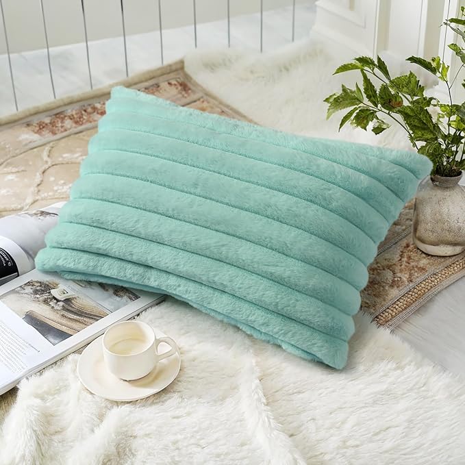 decorUhome Fall Faux Fur Throw Pillow Covers 12x20 Set of 2 Aqua | Decorative Soft Cozy Striped Plush Modern Farmhouse Boho Couch Pillow Cases Velvet Back for Sofa Bed Living Room Home Decor