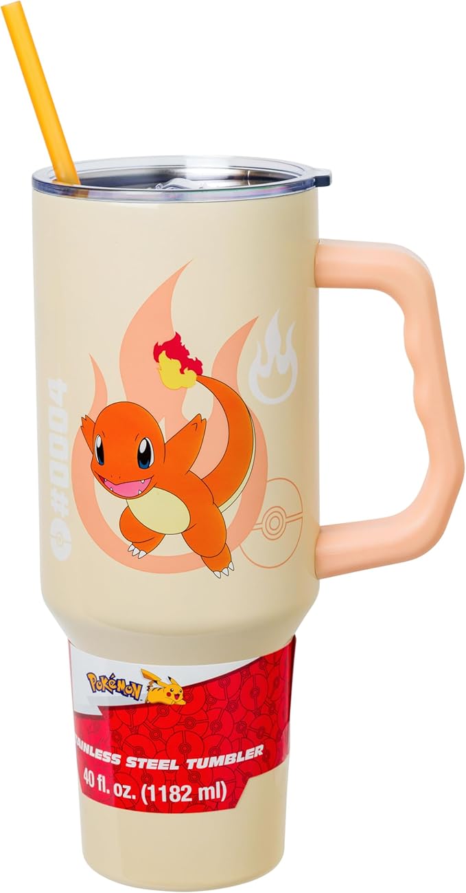 Silver Buffalo Pokémon Stainless Steel Tumbler with Handle Featuring Charmander, Fits in Standard Cup Holder, 40 Ounces
