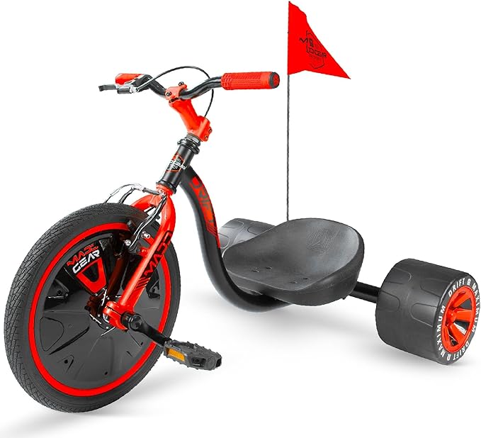 Drift Trike for Kids Ages 5+ – 16" Front Wheel Ride-On with Adjustable Seat, Steel Frame, Rear Slick Drift Wheels & Safety Flag – Madd Gear - (Black Red)