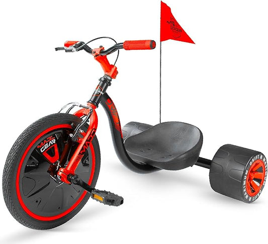 Drift Trike for Kids Ages 5+ – 16" Front Wheel Ride-On with Adjustable Seat, Steel Frame, Rear Slick Drift Wheels & Safety Flag – Madd Gear - (Black Red)