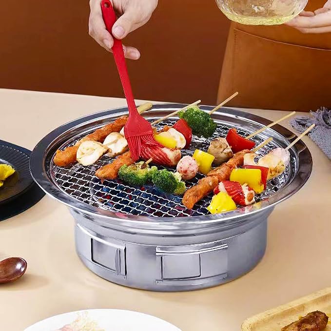 Portable Korean Style Stainless-Steel Barbecue Grill, Charcoal BBQ Round Grill Stove for Outdoor Camping, Picnicking & Parties 1~4 People, 13.8" DIA
