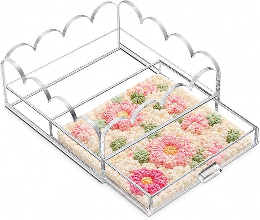 Scalloped Acrylic Tray with Drawer, Clear Acrylic Decorative Organizer Tray for Needlepoint, Jewelry, Photos, Art, Fabric, Napkins, Vanity, Desk, Coffee Table and Craft Storage