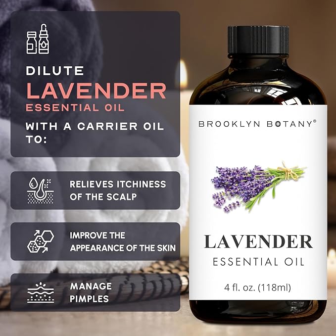 Brooklyn Botany Lavender Essential Oil - Huge 4 Fl Oz - with Glass Dropper - for Aromatherapy and Diffuser