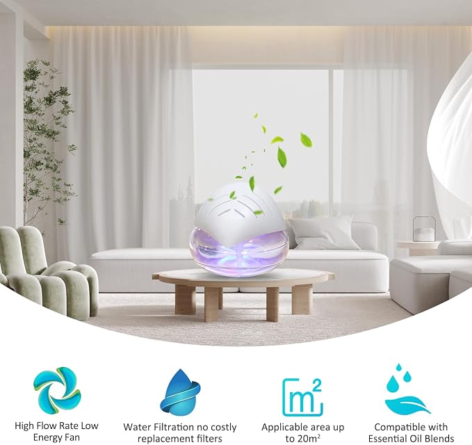 Water Air Purifiers for Home, Air Washer Aroma Diffuser, Air Filter Washer Humidifier, Essential Oils Aroma Fresher with LED Night Light for Office, Bedroom,Small Air Cleaner for Smoke and Pets