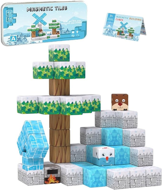 Mini Magnetic Cubes STEM Winter Set for Kids Ages 3-5, 35PCS Educational Travel Building Toys with Magnetic Tin Box, Birthday Gift for Boys & Girls 4-8, Preschool Brain Development Activities