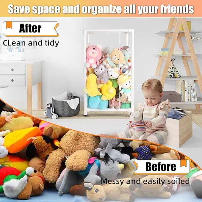 Stuffed Animal Storage Zoo Stuffed Animal Holder,Off-Ground and Space Save Vertical Stuffed Animals Organizer PVC with Elastic for Bedroom Playroom Nursery (White, small)