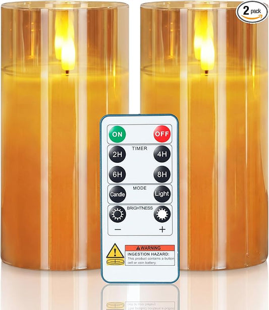 Homemory Amber Glass Flameless Candles Battery Operated LED Pillar Candles with Remote and Timer, Real Wax Flickering Candles with 3D Wick, Decorative Candles Home, Wedding, Holiday Decor, Set of 2