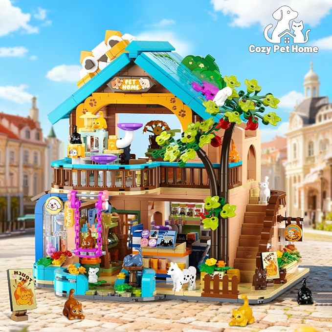 City Pet Shop Building Set with Lights, Cozy Pet House Construction Toy with Cats Dogs Rabbit, 1431 PCS Cute Animal Store Miniature Model Building Block Kit for Adults Kids Boys Girls Ages 12+