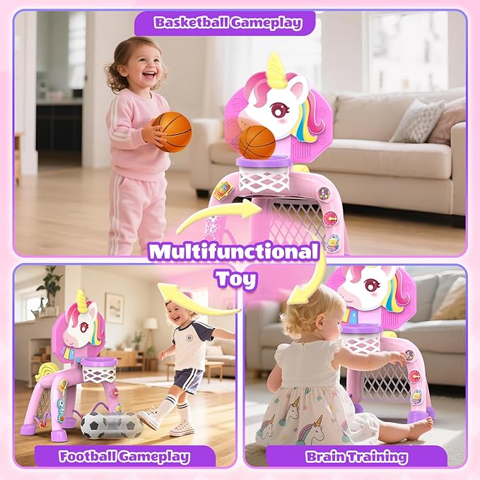 Toddler Basketball Hoop & Soccer Goal,Toys for 1 2 3 Year Old Girls, Baby Girl Sports Toy with LED Light Sound Music, Baby & Toddlers Unicorn Toys for 1-2-3 Year Old Girl Christmas Birthday Gifts