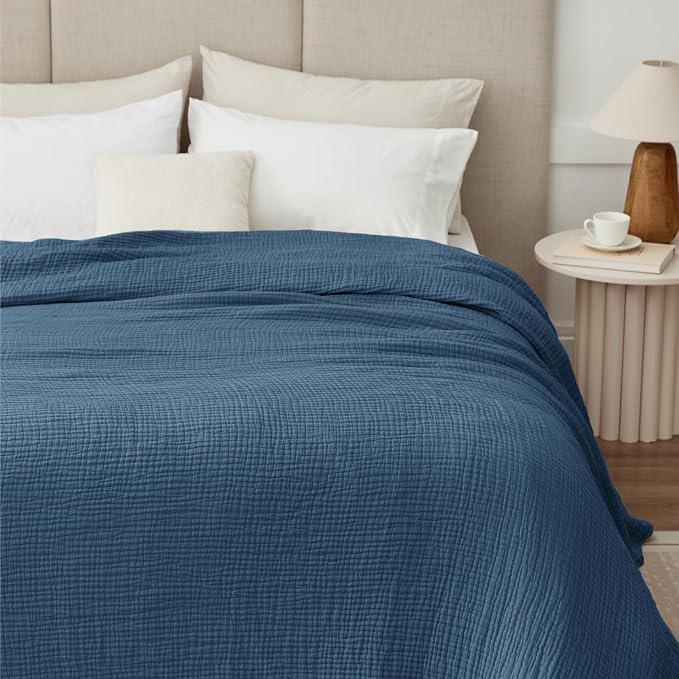 100% Cotton Throw Blanket 50" x 70" Dark Blue, 6 Layers Large Breathable and Lightweight Cotton Blanket for Bed and Couch, Soft Quilt Bedspread, Gauze Blanket for Adults All Season, Blue