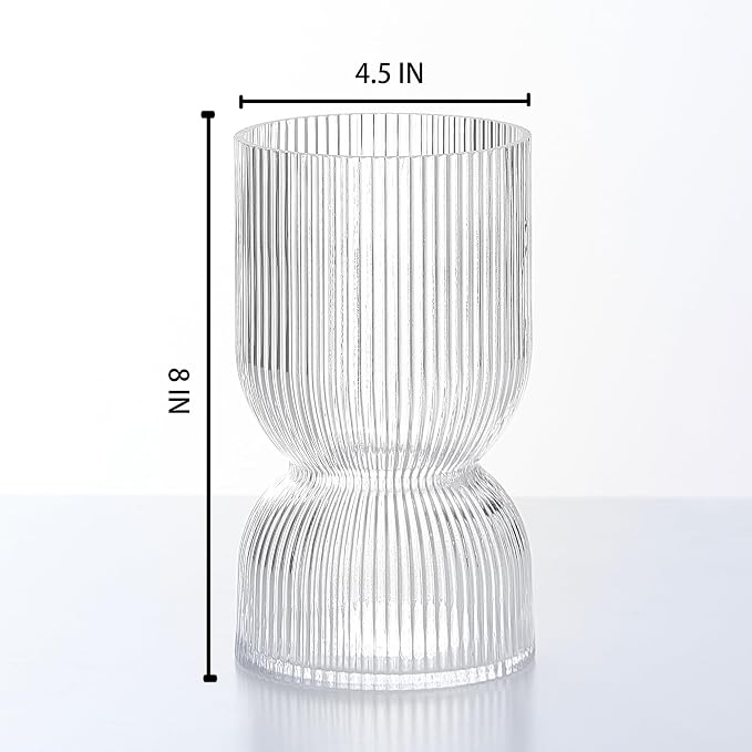 7.5 inch Vase for Flowers, Clear Ribbed Thickened Glass Vases, Hourglass Bud Flower Vase for Bookshelf, Dinner Table, Indoor Office Desktop, Meeting Room, Bathroom, Home Decor, Christmas Decoration