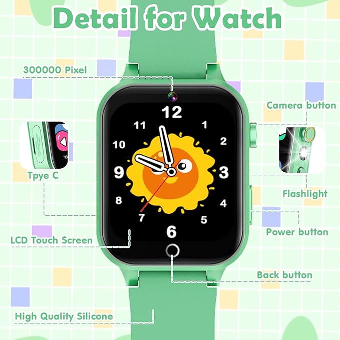 Smart Watch for Kids, with 26 Puzzle Games, Touch Screen, HD Camera, Alarm Clock, Toys for Ages 4-12 Years Old.Birthday Gift for Boys Girls (Green)