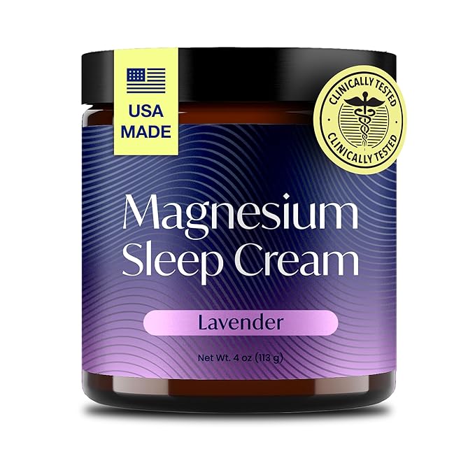 Magnesium Sleep Cream, USA-Made Topical Magnesium Lotion for Sleep, Lavender Lotion for Feet, Nighttime Mag Oil Body Butter, Foot Cream, Relaxing Rub for Muscles, 4oz