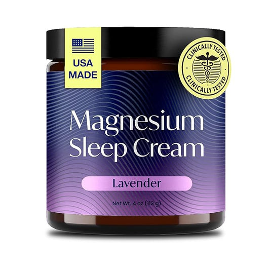 Magnesium Sleep Cream, USA-Made Topical Magnesium Lotion for Sleep, Lavender Lotion for Feet, Nighttime Mag Oil Body Butter, Foot Cream, Relaxing Rub for Muscles, 4oz